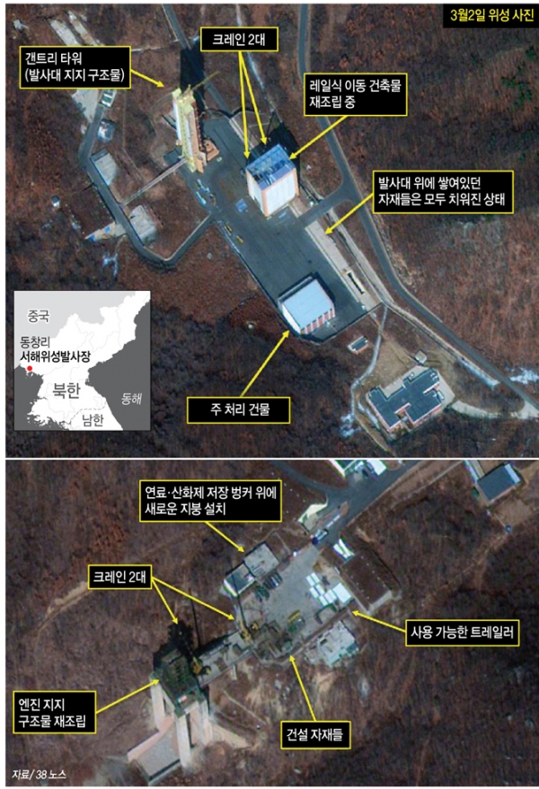 미국의 북한 전문 웹사이트인 38노스가 최근 북한의 서해 미사일발사장 재건 움직임 포착을 보도했다. 사진은 지난 2일 북한 평안북도 철산군 동창리에 있는 미사일발사장에서 포착된 2대의 지지 크레인. 레일식 이동 건축물 벽이 세워지고 새로운 지붕도 추가됐다.